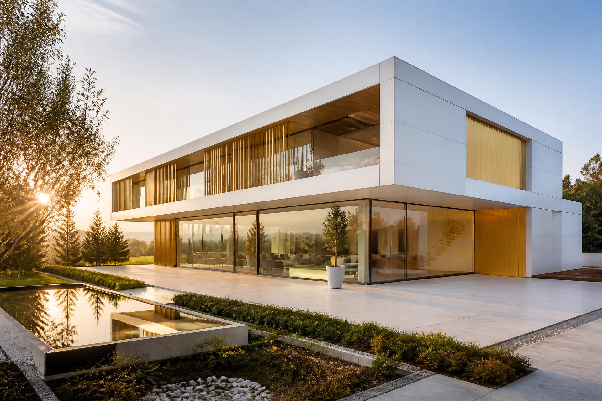 Casa modular de estrutura metálica em meio à floresta ao entardecer